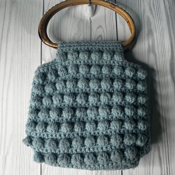 Vintage Crochet Bobble Purse Bag Round Handles Boho Hippie Handmade Blue - Picture 2 of 5